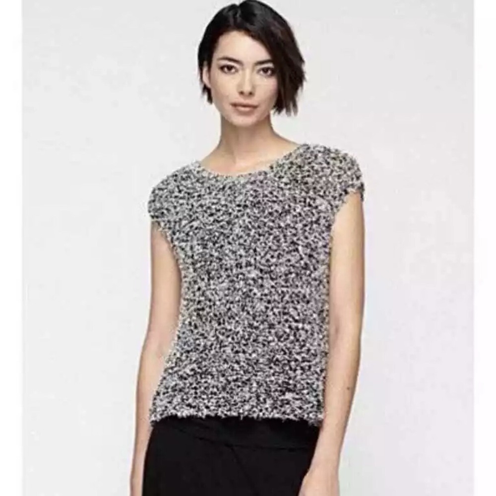 Eileen Fisher Top Women's Medium Black/White Knitted Open Back Short Sleeve